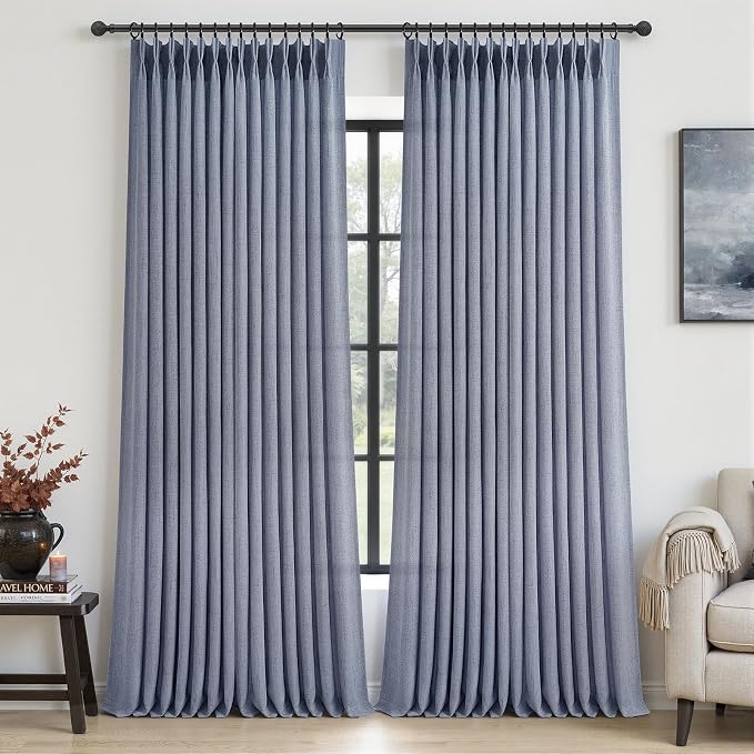 Linen Pinch Pleated Dusty Blue Sheer Curtains 96 Inches Long Living Room