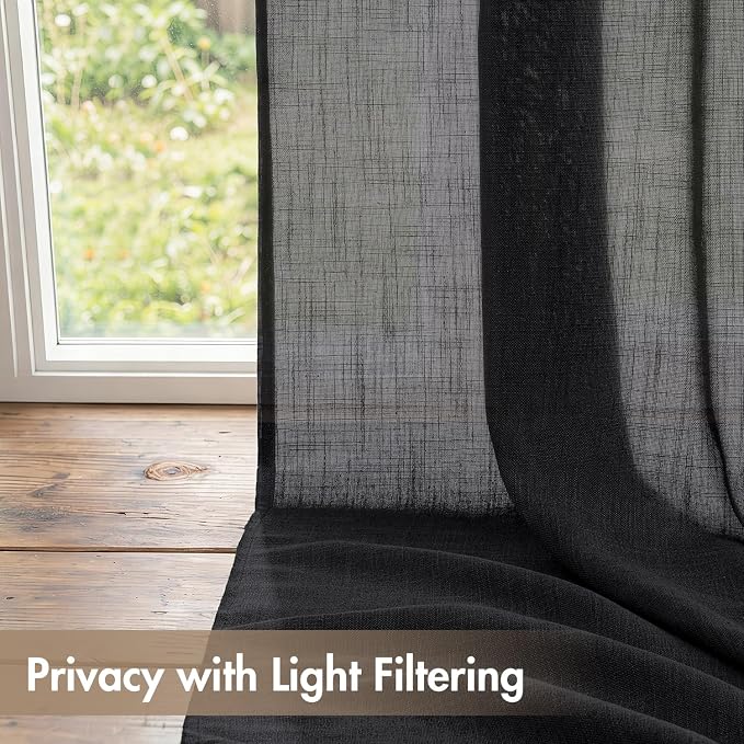 MIULEE Black Back Tab Linen Curtains 4 Panels 42W x 102L | Linen material, light filtering, rod pocket back tab hanging, farmhouse decor for living room bedroom