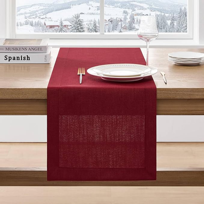 ZeeMart Linen Textured Border Table Runner, 14 x 72 Inch Red | Mitered Corner Design, Medium Weight Fabric, Modern Farmhouse Style, Machine Washable Easy Care Everyday Table Scarf