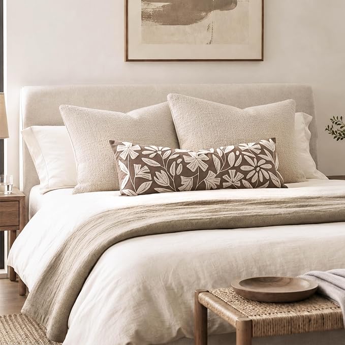 BlissBlush Long Lumbar Pillow Cover 14x36 for Bed, Taupe Brown Floral Tufted Velvet Accent Oversize Throw Pillowcase for Bedroom, Cover Only
