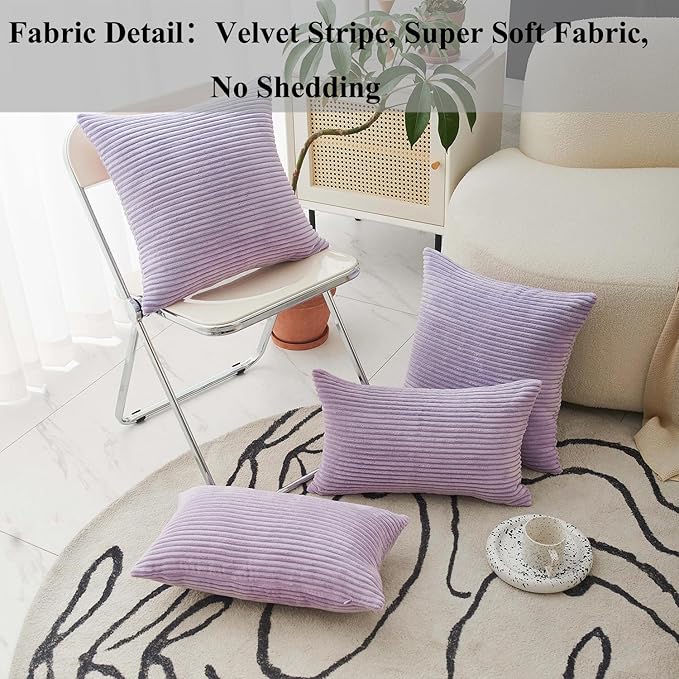 Home Brilliant Light Purple Pillow Covers Supersoft Velvet Corduroy Striped Throw Pillow Covers Couch 2 Pieces Accent Pillow Cases for Bedroom, 55cm, 22 x 22 Inch, Lavender