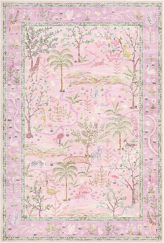 8x10 Washable Rug for Living Room Purple Animal Print Large Bedroom Rugs Non Slip Forest Nursery Girls Room Throw Carpet Stain Resistant Whimsical Safari Area Rugs for Home Office, Lavender