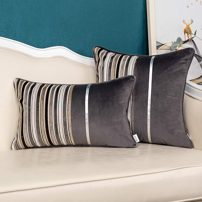 Yangest Grey Striped Patchwork Throw Pillow Cover Silver Leather Cushion Cover Zippered Pillowcase for Sofa Couch Bedroom Living Room Home Decoration,20x20 Inch