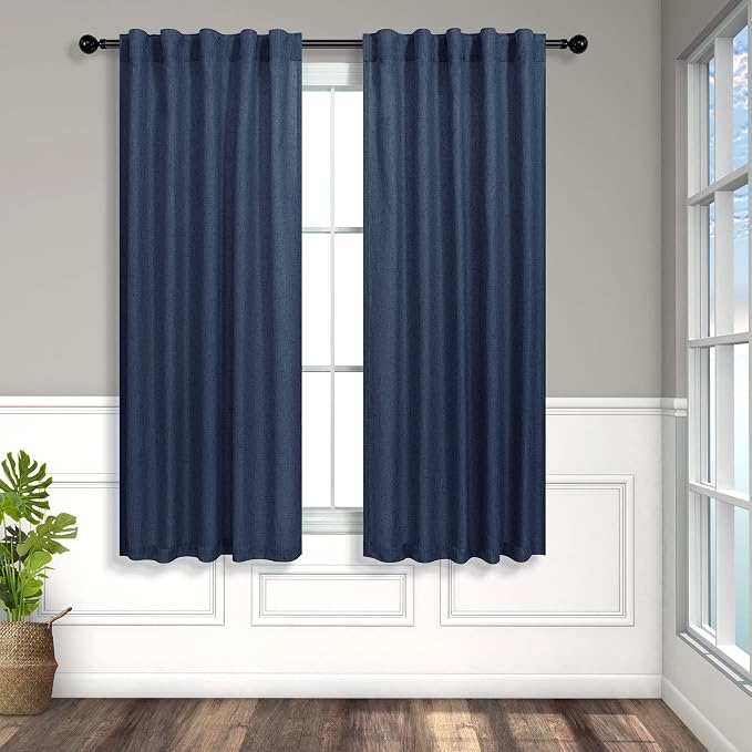 Pitalk Navy Blue Curtains 38 Inch Wide for Small Window 2 Panel Back Tab Rod Pocket Linen Semi Sheer Cafe Tier Narrow Curtains for Side Windows Kitchen Door Basement Laundry Room Width 38x45 Length