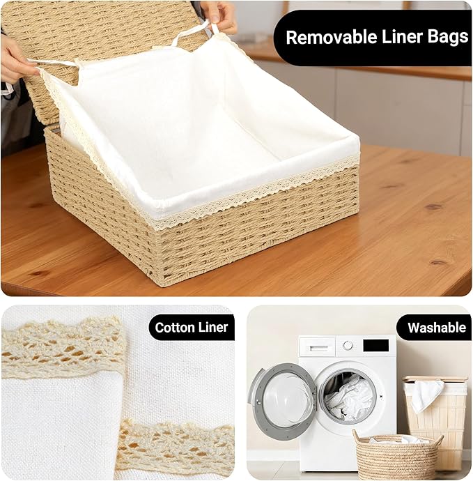 Nonam Rattan Divided Storage Basket with Lid, Set of 3, Natural | Large Basket Organizer for Shelf, Wicker Bins for Closet, Boho Shelf Decor Covered Basket Home Storage Container