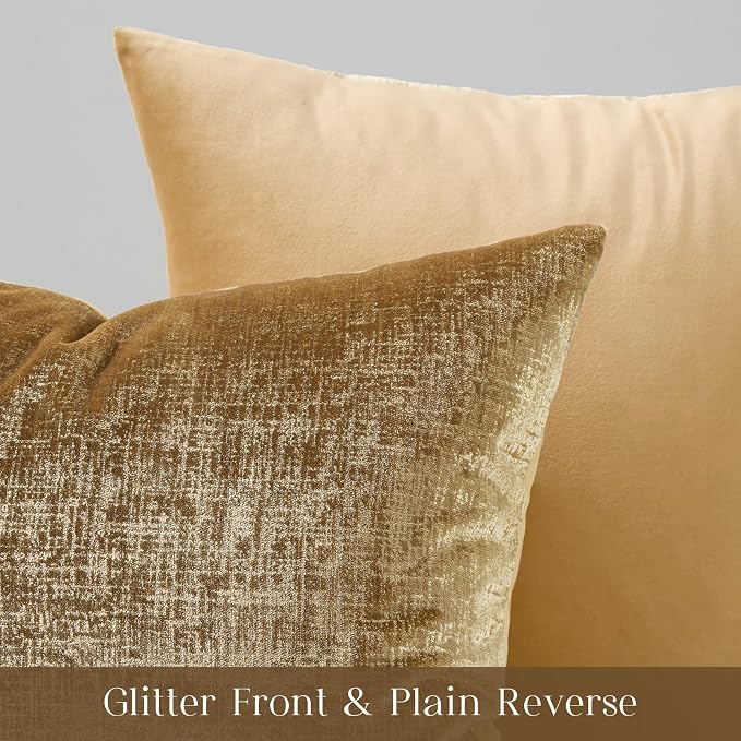 Phantoscope Pack of 2 Sparkling Velvet Decorative Solid Throw Decorative Pillow Cover Soft Gold Glitter Square Cushion Cover Pillowcase for Couch Bed and Chair, Gold, 12 x 20 inches, 30 x 50 cm