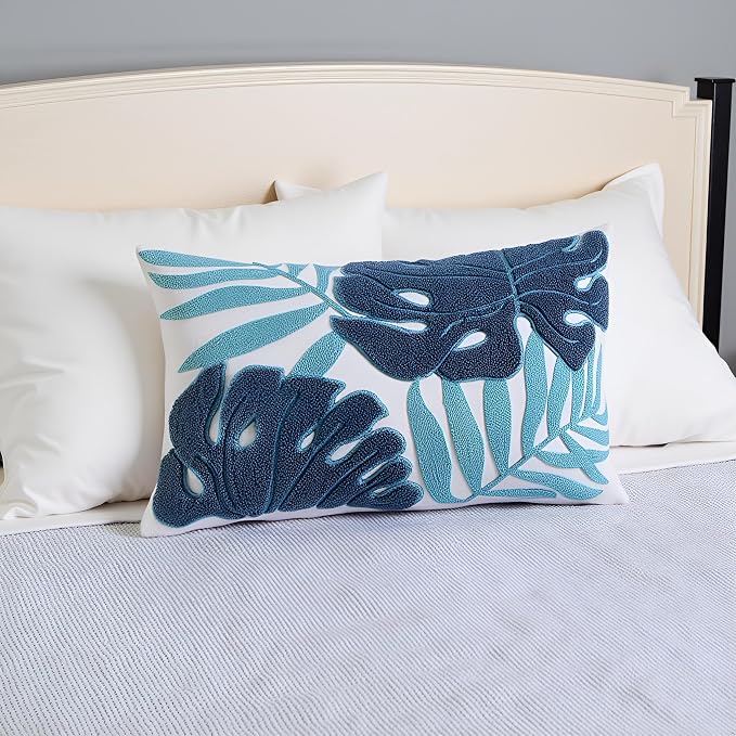 Embroidered Throw Pillow Covers 12x20 Pack of 2 Blue Botanical Leaf