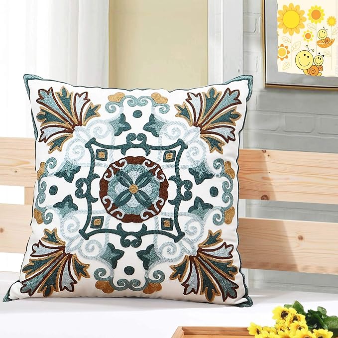 Onelsong Decorative Throw Pillow Covers for Couch Living Room 18x18 inches Set of 2 Embroidery Square Boho Throw Pillows Cover for Sofa Chair Bed