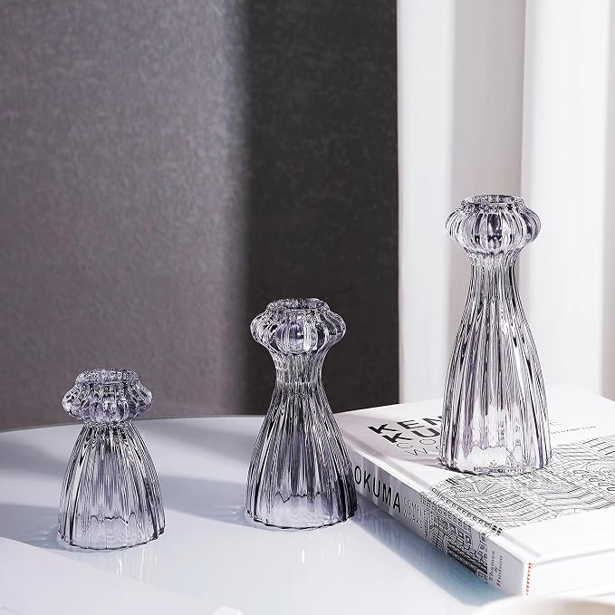 Lysenn Glass Candlestick Holders, Taper Candle Holders Set of 6, Smoke Gray