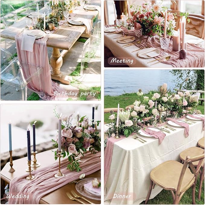 12 Pack 10Ft Cheesecloth Table Runner 35x120 Inch Boho Gauze Rustic Cheese Cloth Long Romantic Table Runner for Wedding Bridal Shower Birthday Party Table Decor (Dusty Pink)