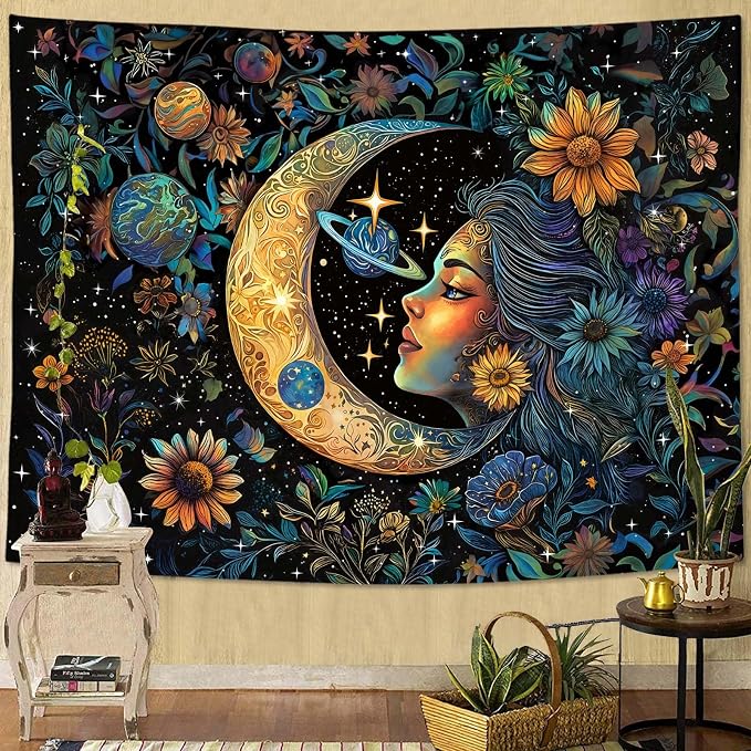 Accnicc Sun and Moon Tapestry for Bedroom Hippie Boho Floral Flower Plant Wall Tapestry Aesthetic Vintage Galaxy Celestial Star Spiritual Large Tapestries Wall Hanging for Living Room Dorm 80 x 60 Inch