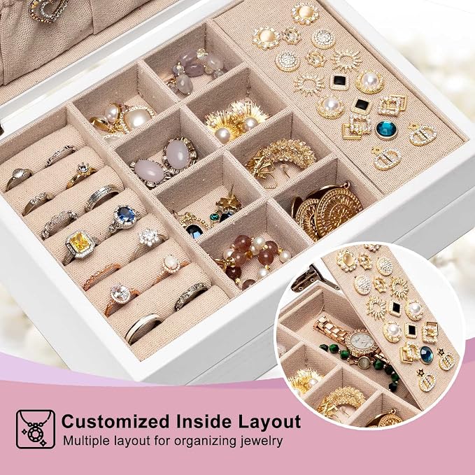Pinzoveco Jewelry Box for Women, Rustic Wooden Jewelry Organizer Box for Storage Earrings Rings Necklace Bracelet, Farmhouse Style Wood Jewelry Boxes & Organizers (White)