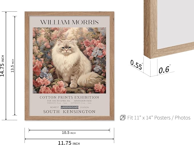 Poster Master Persian Cat Print - Flower Art - Botanical Design - Exhibition Display - Animal Illustration - Floral Cat Painting - Aesthetic Office or Bedroom Decor - 11x14 Beige Framed