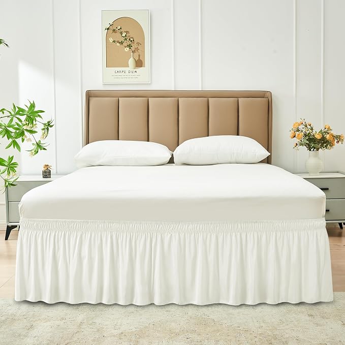 Ivory King Bed Skirt 19 Inch Drop Wrap Around Elastic Dust Ruffle
