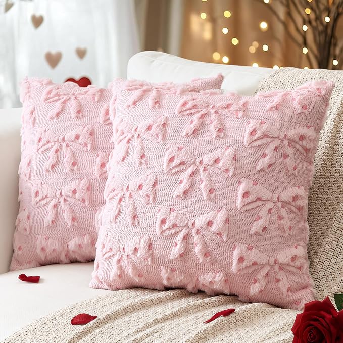 Artscope Valentines Bow Pillow Covers 16x16 Set of 2 Decorative Valentine's Day Throw Pillow Cases Soft Plush Faux Fur Couch Cushion Case for Holiday Sofa Bed Room Home Decor-Pink Bow