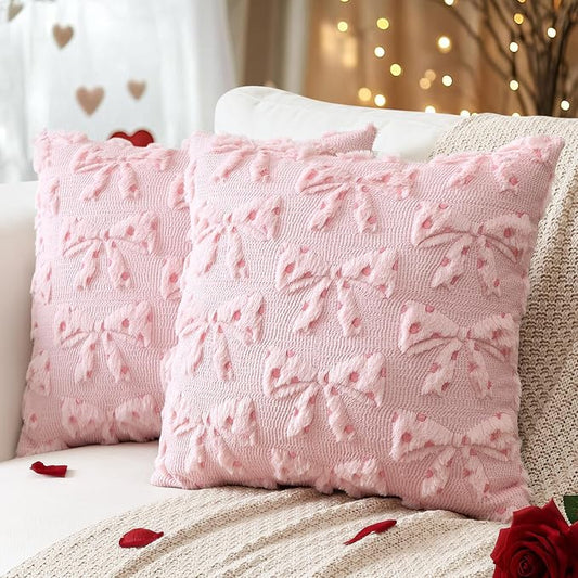 Artscope Valentines Bow Pillow Covers 18x18 Set of 2 Decorative Valentine's Day Throw Pillow Cases Soft Plush Faux Fur Couch Cushion Case for Holiday Sofa Bed Room Home Decor-Pink Bow