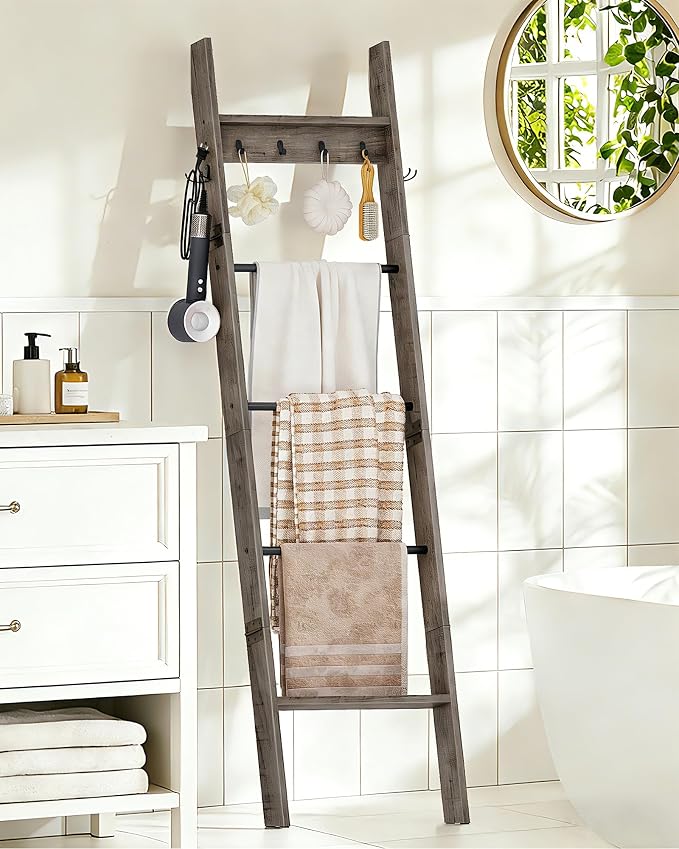 CHOEZON 5-Tier Blanket Ladder, Wooden Blanket Display Rack, Towel Ladder with Hooks, Wall Leaning Display Shelf, for Living Room, Bedroom, Balcony, Greige and Black MCJ02BG