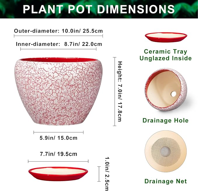 10 Inch Pots for Plants, Ceramic Planter Pots, Crackle Red | Decorative Planter with Drainage Hole and Saucer, Modern Flower Pot for Indoor Plants, House Decor, Plant Lover Gifts