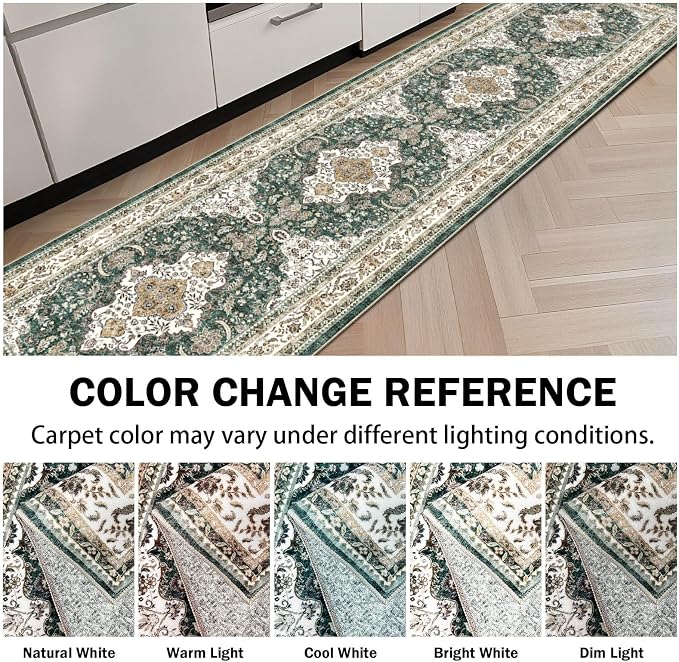 AooHHooA Boho Washable 2x8 Runner Rugs Green Non Slip Low Pile Vintage Runner Rug, Stain Resistant Soft Faux Wool Runners for Hallway Laundry Entryway Bedroom
