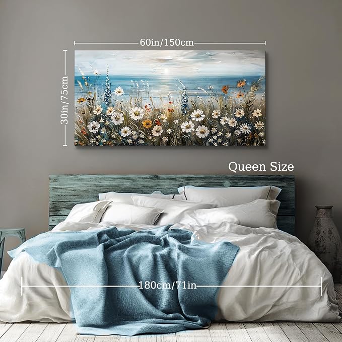 SERIMINO Coastal Landscape Wall Art, Daisy Wildflower Wall Pictures 20"X40" | Farmhouse Wall Decor, Beach Daisy Wildflower Canvas Prints, Living Room Dining Room Decor, Ready To Hang, Vibrant Colors