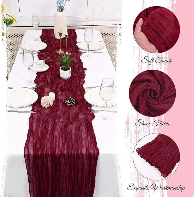 10 Pack Burgundy Cheesecloth Table Runner 17x108 Inch Boho Gauze Cheese Cloth Table Runners for Wedding Party Baby Shower Birthday Home Decor