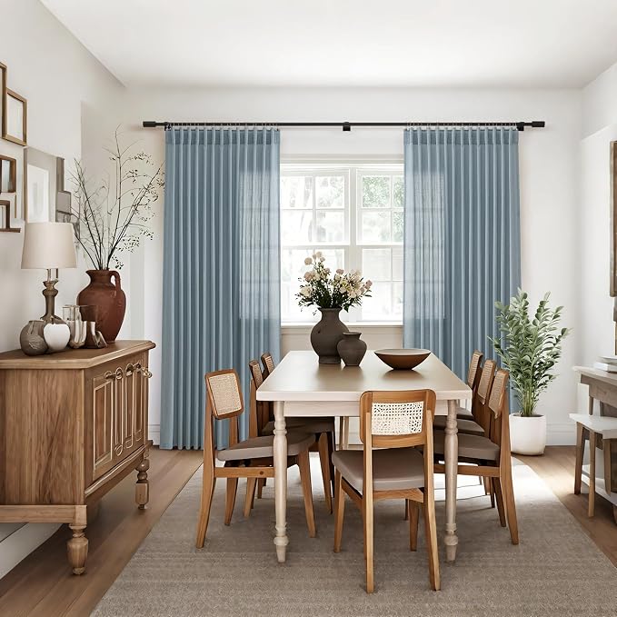 Jowels Blue Linen Curtains 48 Inch Long 2 Panels for Living Room | Light Filtering Semi Sheer Curtain, Back Tab Pocket Pleated Look, Boho Farmhouse Textured Privacy Drapes for Bedroom Window