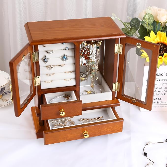 Kendal Wooden Jewelry Box for Women, Graduation Gift Solid Jewelry Holder Organizer, Mothers Day Gifts Wood Jewelry Case with Mirror for Necklaces, Earring, Rings (2 Side Door, Oak)