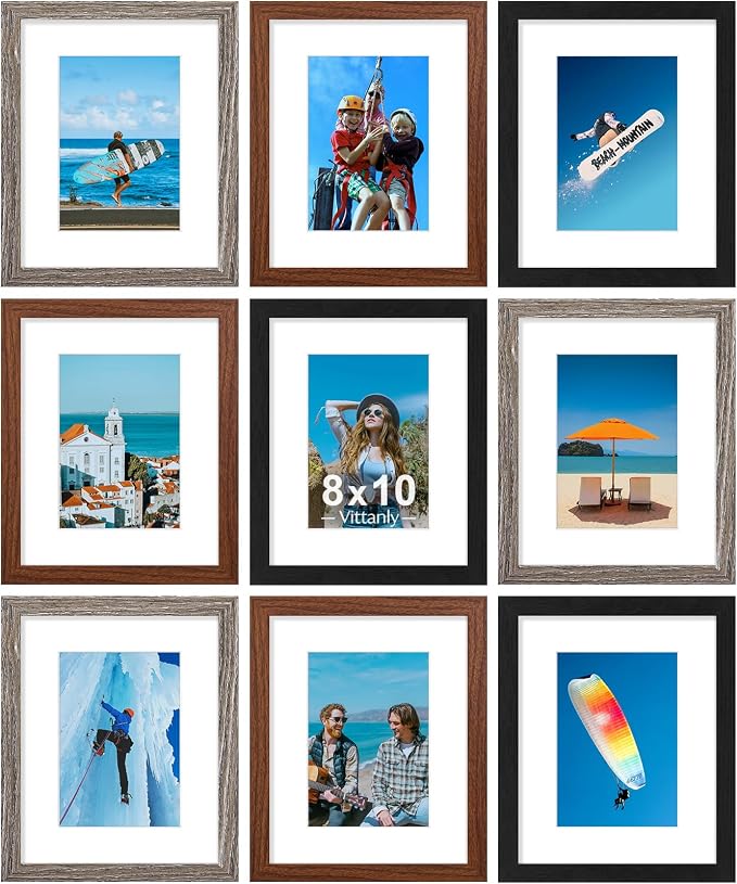 Vittanly 8x10 Picture Frames Set of 9, Black&Walnut Brown&Dark Grey | Display Pictures 5x7 with Mat or 8x10 without Mat, Small Photo Frames, Engineered Wood with Shatter Resistant Plexiglass