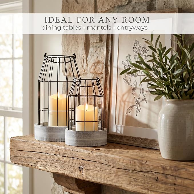 Rustic Farmhouse Lantern Decor Set of 2 - Stylish Decorative Lanterns for Your Living Room, Patio & Porch or Kitchen Dining Table - Modern Indoor/Outdoor Coffee Table Decor for Your Entire Home