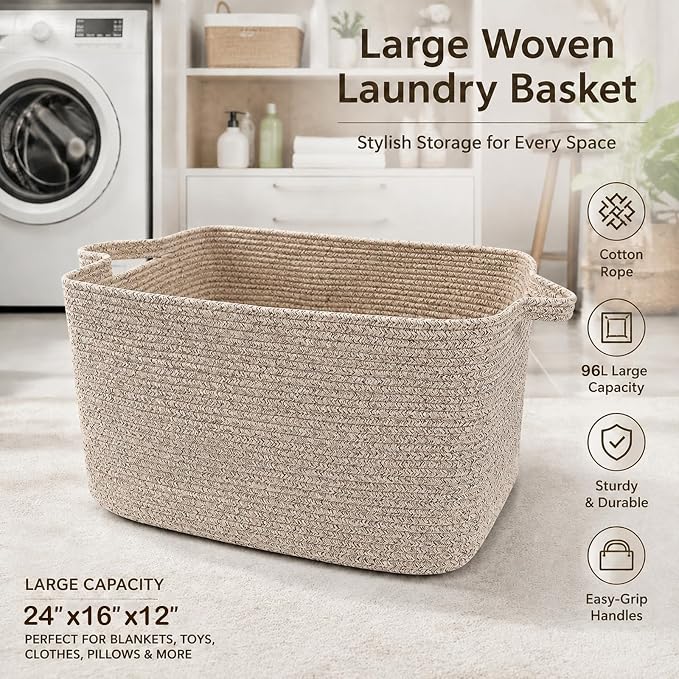 96L Woven Laundry Basket with Handles, Extra Blanket Basket,Brown | 24"×16"×15" Collapsible Cotton Rope Storage Basket for Toys Clothes & Pillows, Nursery, Bathroom, Bedroom, Living Room