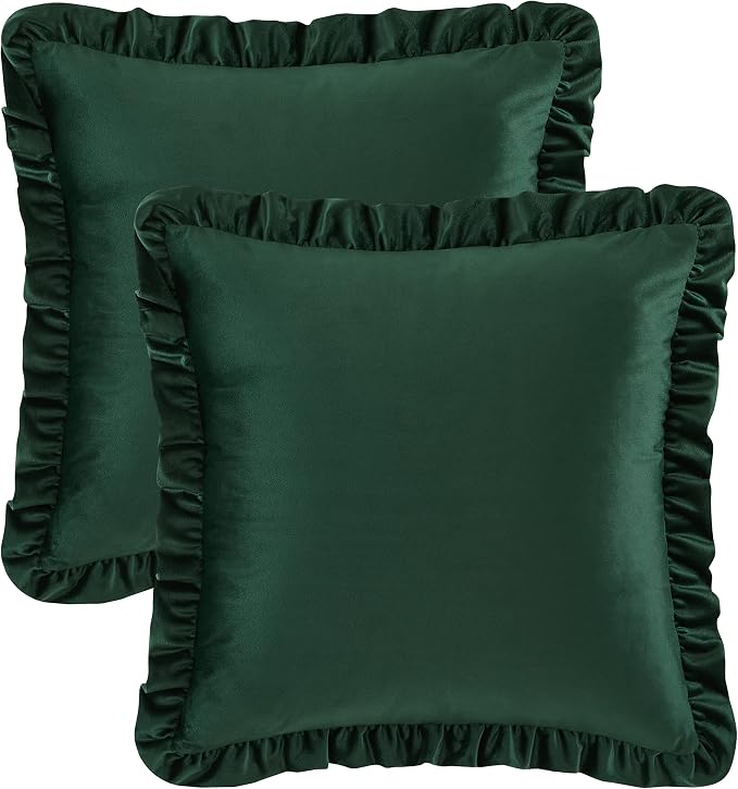 GIGIZAZA Army Green Decorative Throw Pillow Covers, 16x16 Velvet Ruffle Cushion Pillow Covers for Sofa Couch Set of 2