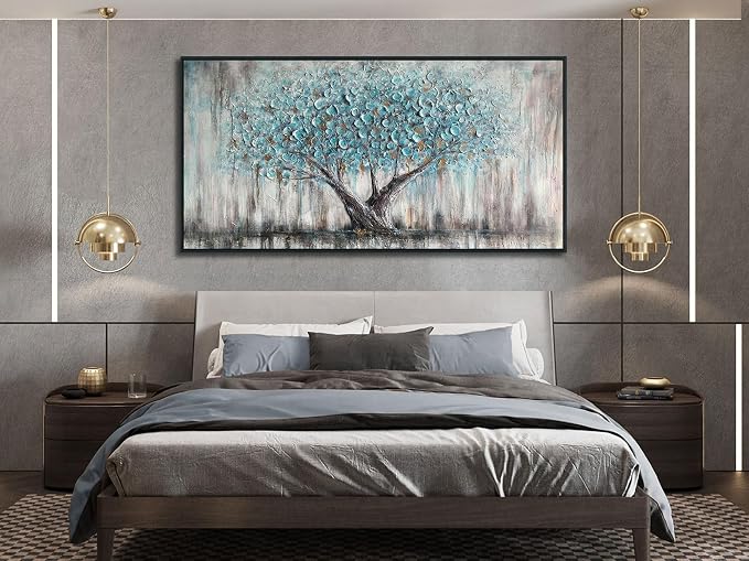 Arjun Framed Blue Tree Canvas Wall Art Extra Large Tree of Life Teal 58x29 | Living Room Bedroom Hand Painted Textured Painting Big Size Nature Picture Panoramic Landscape Artwork Home Office Wall Decor
