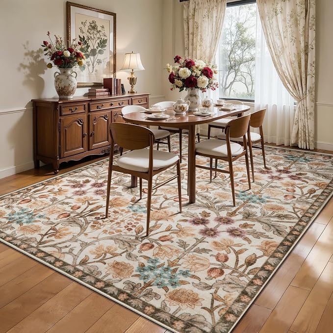 Ciicool Large 5x7 Area Rugs for Living Room Floral Boho Washable Rug | Soft Low-Pile Carpet for Bedroom Dining Room Kids Nursery Home Office Playroom Carpets Decor