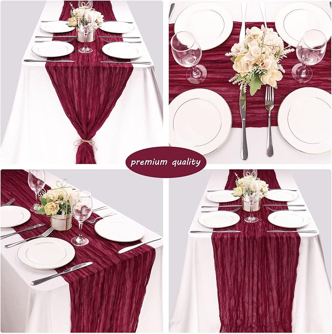 12 Pack 10Ft Cheesecloth Table Runner 35x120 Inch Boho Gauze Table Runner Rustic Cheese Cloth Long Romantic Table Runners for Wedding Bridal Shower Birthday Party Table Decor (Burgundy)