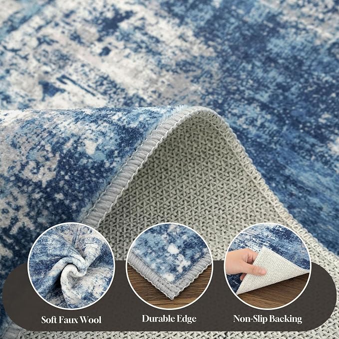 Lansny Abstract Washable 2x10 Runner Rug Runners for Hallways Non Slip | Blue;Thin Printed Faux Wool Entryway Runner Indoor;Hallway Runner Rug;Rubber Backed 10ft Floor Carpet Runners;Bedroom Runners