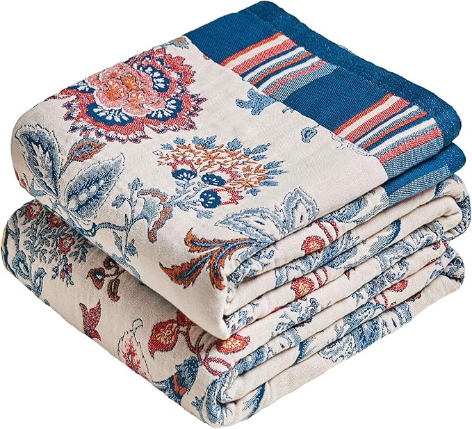 MSGKV Boho Throw Blanket 60"x80" 100% Cotton Farmhouse Floral Blanket | 100% Cotton Muslin, Botanical Throw Blanket, Reversible Weave, Soft & Breathable, Rustic Home Style, Machine Washable