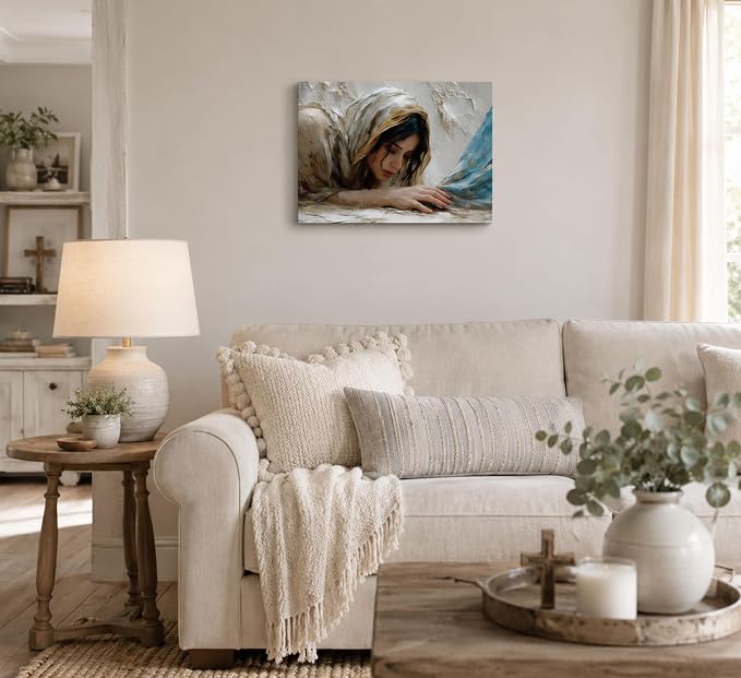 LCZDXGR Christian Wall Art Woman Touching Jesus Hem Canvas Framed 24x16in | Biblical healing miracle canvas with soft neutral tones for prayer room, bedroom, living room, church office, or faith gifts
