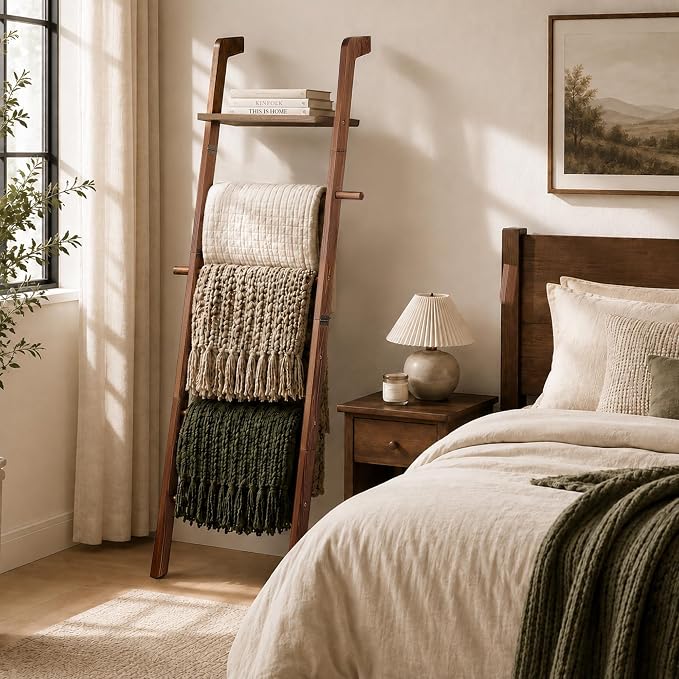 Blanket Ladders for the Living Room, 6 Tier Quilt Ladder with Shelf | Ladder Shelf Rack, Pine Wood, 2 Side Hooks, Non-Slip Stable, Polished Smooth, Retro Brown, Farmhouse Style, Easy to Assemble