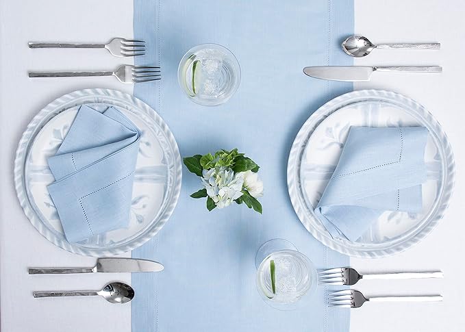 Solino Home 100% Pure Linen Table Runner Sky Blue Hemstitch, 14 x 48 in | Classic Hemstitch, a graceful centrepiece for dining and gatherings, hemstitched border, mitered corners, OEKO-TEX Certified