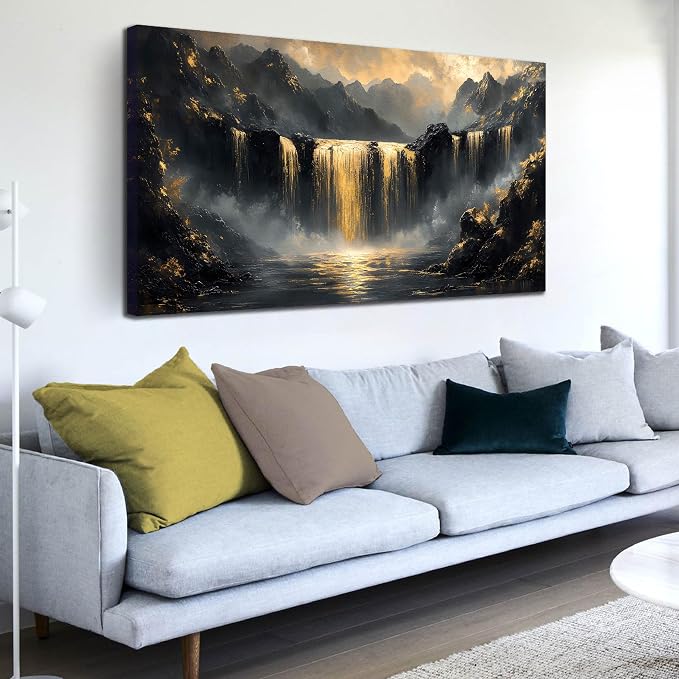 Mountain Pictures Wall Art for Living Room - Black And Gold Wall Decor Office - Modern Art Wall Decor for Bedroom Size 24" x 48"