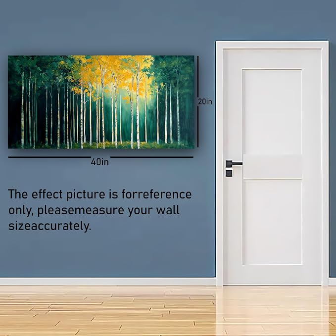 40x20 Inch Birch Tree Canvas Wall Art, Large Panoramic Autumn Forest Painting, Textured Green & Yellow Landscape Wall Decor, Framed Modern Nature Artwork for Living Room Bedroom Office Home Decoration