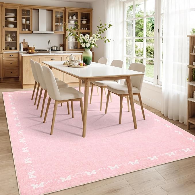 COZYLOOM 9x12 Bow Printed Rug for Bedroom, Large Solid Color Living Room Rug with Non Slip Backing, Stain Resistant Non Shedding Rugs Low Pile Modern Farmhouse Carpet for Bedroom, Dining Room, Pink