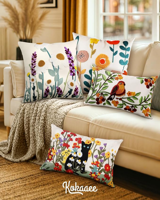 Embroidered Lumbar Pillow Cover - 20x12 Decorative Pillow Cover with Zipper Aesthetic Cute Design Boho Spring Summer Throw Pillowcase for Living Room Couch Sofa Bed, Leaf Strawberry
