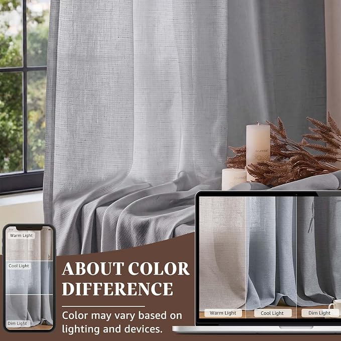 jinchan Linen Curtains Light Filtering Back Tab 50x96 Inch 2 Panels Grey | Semi Sheer Curtains 96 inch length for Bedroom Living Room, Modern Farmhouse Drapes with Rod Pocket, Natural Boho Curtains