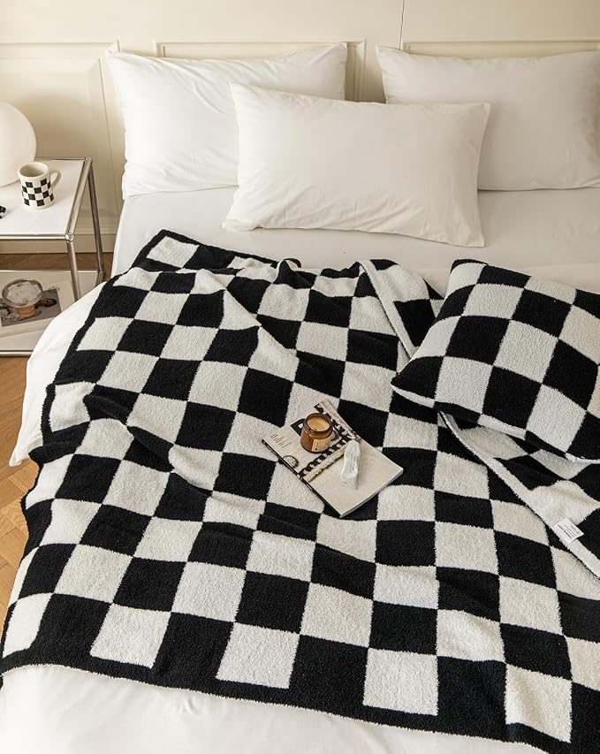 Ultra Soft Cozy Buffalo Checkerboard Grid Fluffy Microfiber Knitted Throw Blanket Lightweight Checkered Bed Blanket for Sofa Couch Bed Black 51"X63"