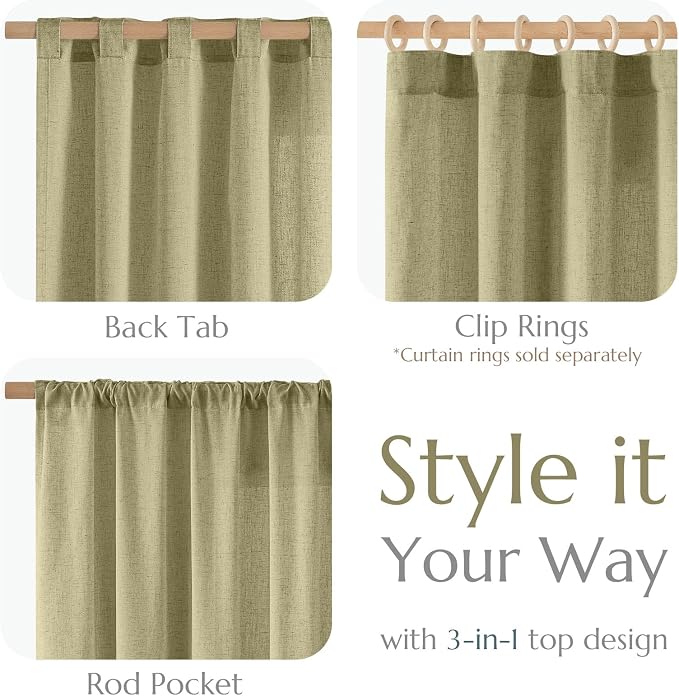 jinchan Linen Curtains Light Filtering Back Tab 50x90 Inch 2 Panels Green | Semi Sheer Curtains 90 inch length for Bedroom Living Room, Modern Farmhouse Drapes with Rod Pocket, Natural Boho Curtains