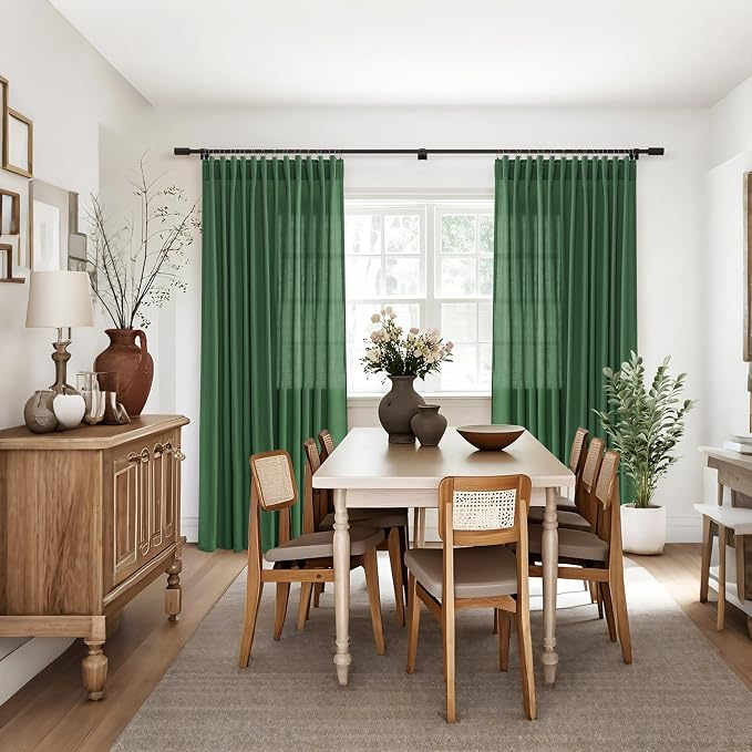 Jowels Green Linen Curtains 84 Inch Long 2 Panels for Living Room | Light Filtering Semi Sheer Curtain, Back Tab Pocket Pleated Look, Boho Farmhouse Textured Privacy Drapes for Bedroom Window