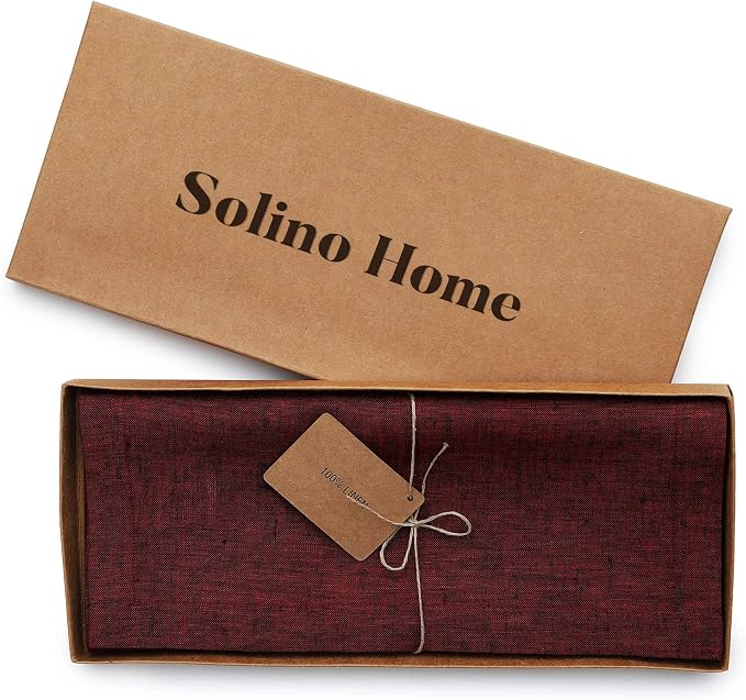 Solino Home 100% Linen Dining Table Runner Red Woven, Athena 14 x 72 in | dresses up dining tables for everyday meals, European flax fibres, machine washable, Red Garnet, soft, OEKO-TEX Certified