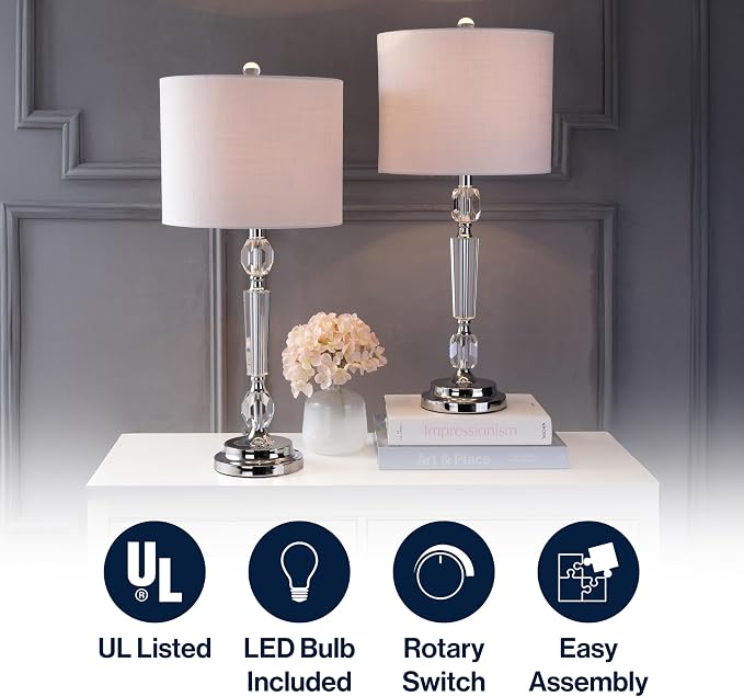 JONATHAN Y Victoria 27" Crystal LED Bedside Table Lamp, Clear, Set of 2