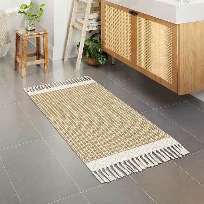 Lahome Boho Kitchen Runner Rug, 2x4.3 Washable Rugs for Bathroom Entryway | Woven Cotton Throw Mat with Tassels, Farmhouse Non Shedding Lightweight Low Pile Carpet for Bath Bedroom Doorway, Khaki